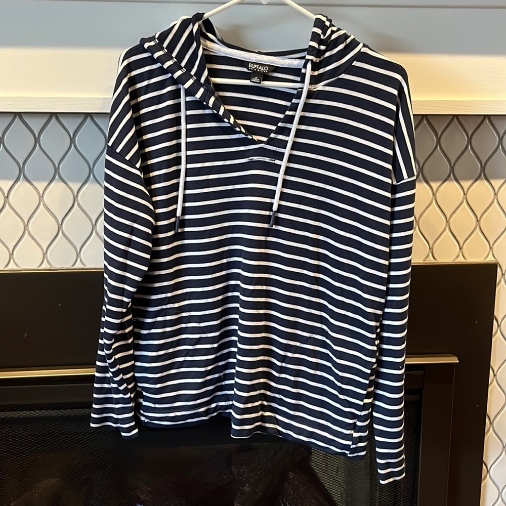 Navy + White stripe hoodie w/2 side pockets & drawstring hood - Picture 2 of 8